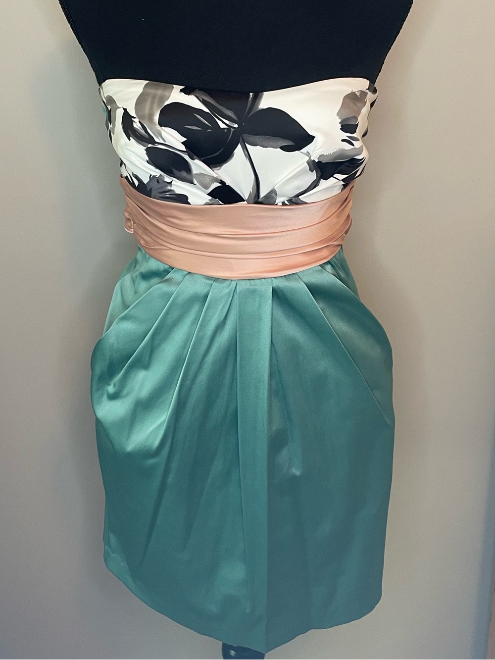 Forever 21 Strapless Black & White Floral Bodice with Teal Skirt and Blush Sash